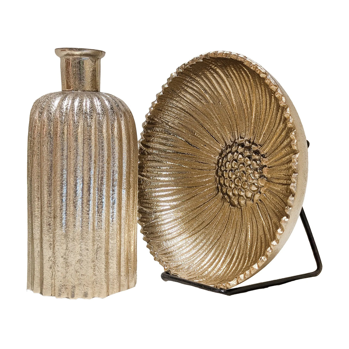 Classic Golden Decor Set | Glass Vase with Metal Bowl