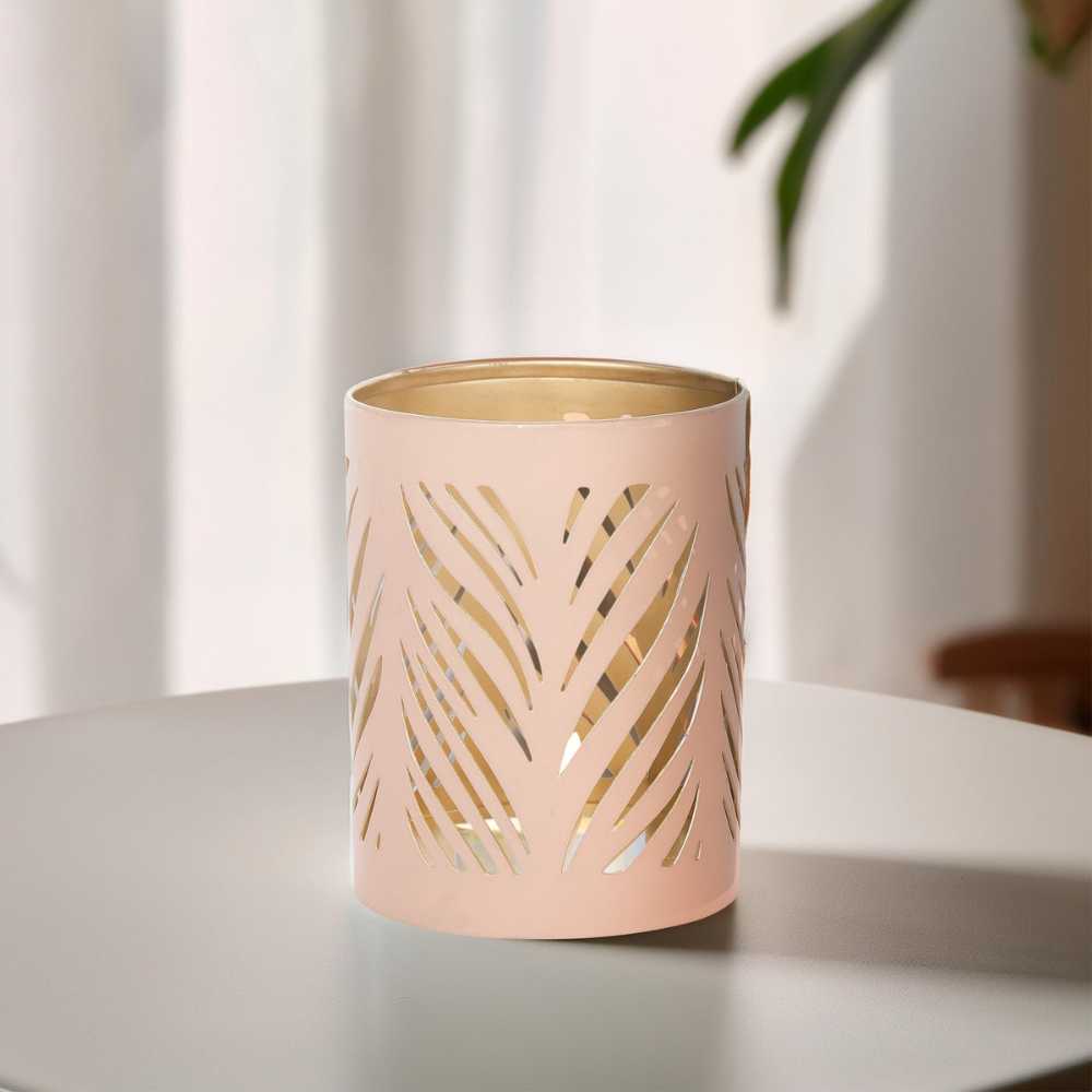 Peach candle holder with jaali detailing