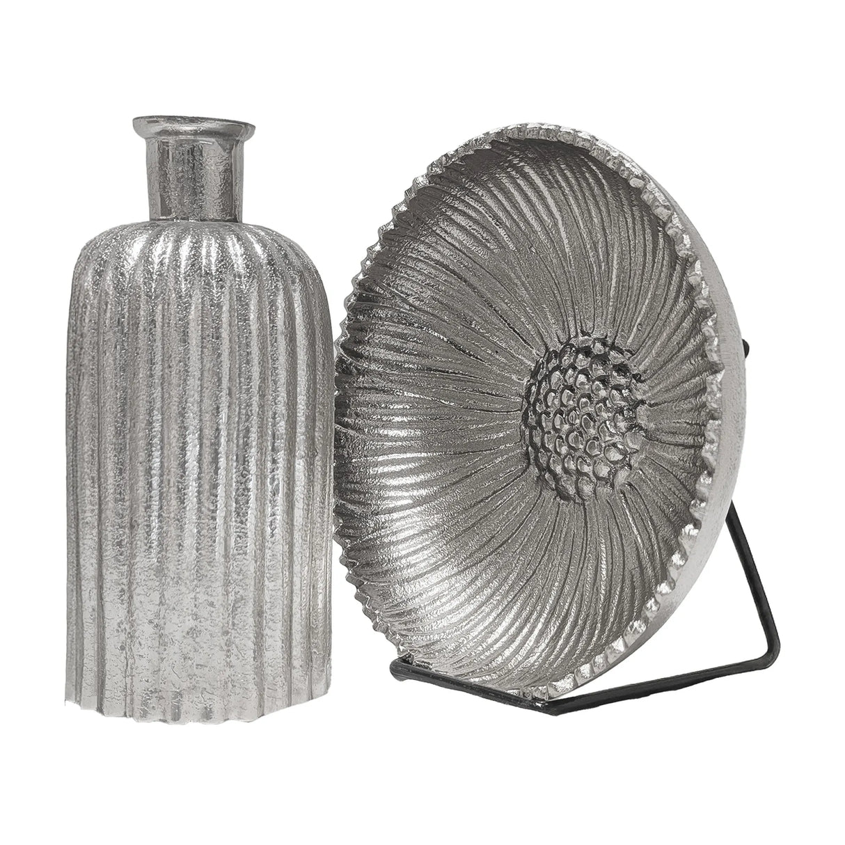 Classic Silver Decor Set | Glass Vase with Metal Bowl