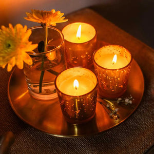 Gold Glass Votive Candles with Scented Soy Wax - Mogra, Sandalwood, Rose