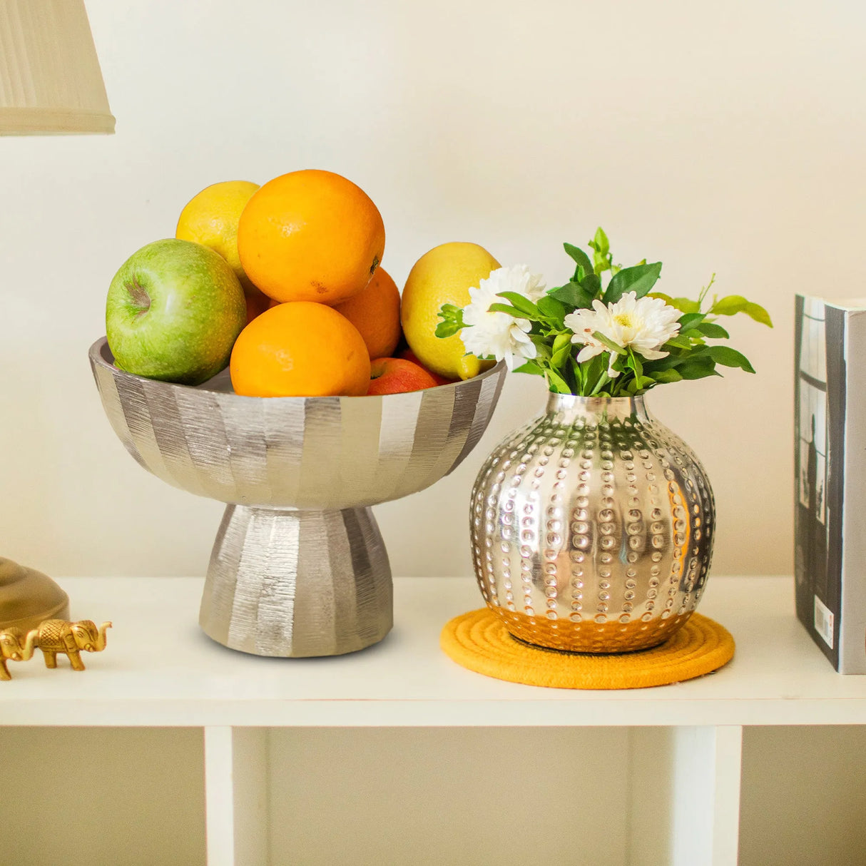 Silver Bowl with Stand & Small Hammered Vase