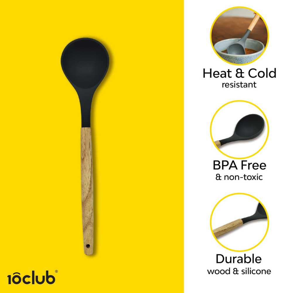 Heat and cold resistant silicone ladle with wooden handle 