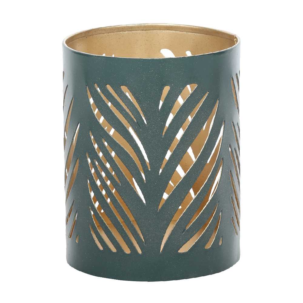 Green and golden candle holder with jaali detailing