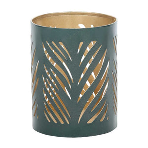 Green and golden candle holder with jaali detailing