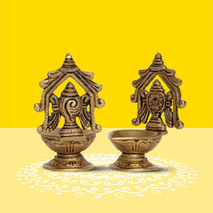 Shankh Chakra Diya Pair | 100% Pure Brass | Antique Finish