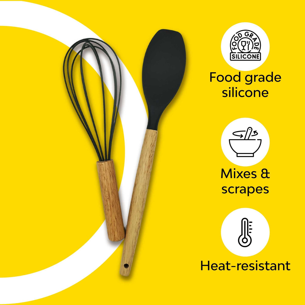 heat resistant silicone and wooden whisk and spatula set