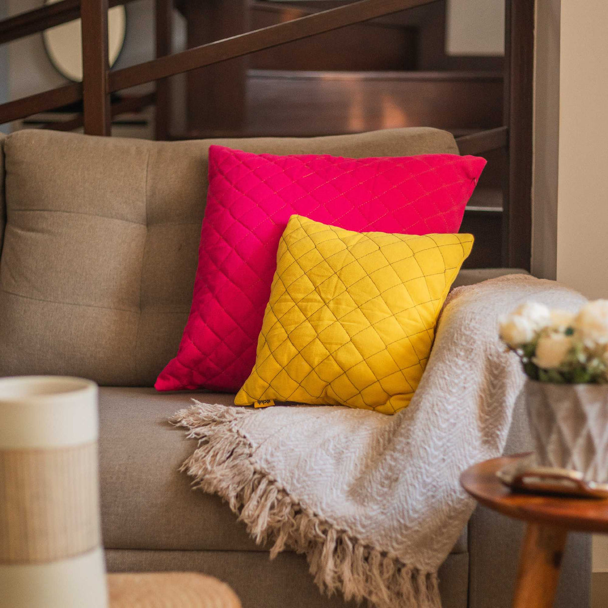 Yellow and bright pink cushion cover 