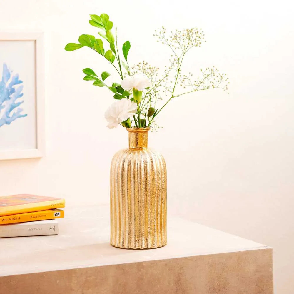 Golden Metal Tray with Glass Vase