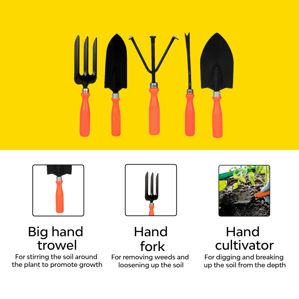 Hand fork, trowel and cultivator for gardening 