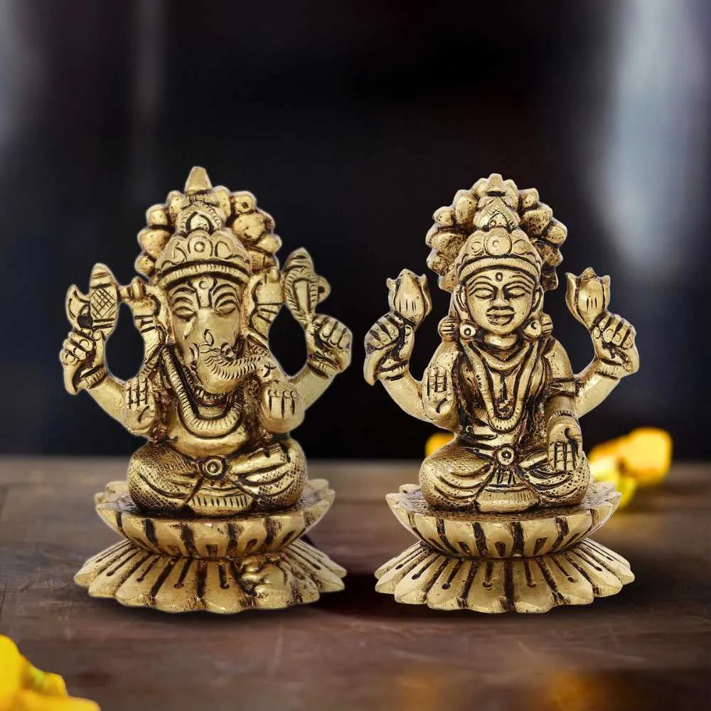 Brass Kamal Lakshmi & Ganesh idol |  Pure Brass | Antique Finish