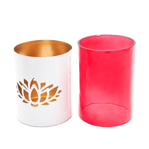 Lotus Cut Metal Glass Votive white and red 