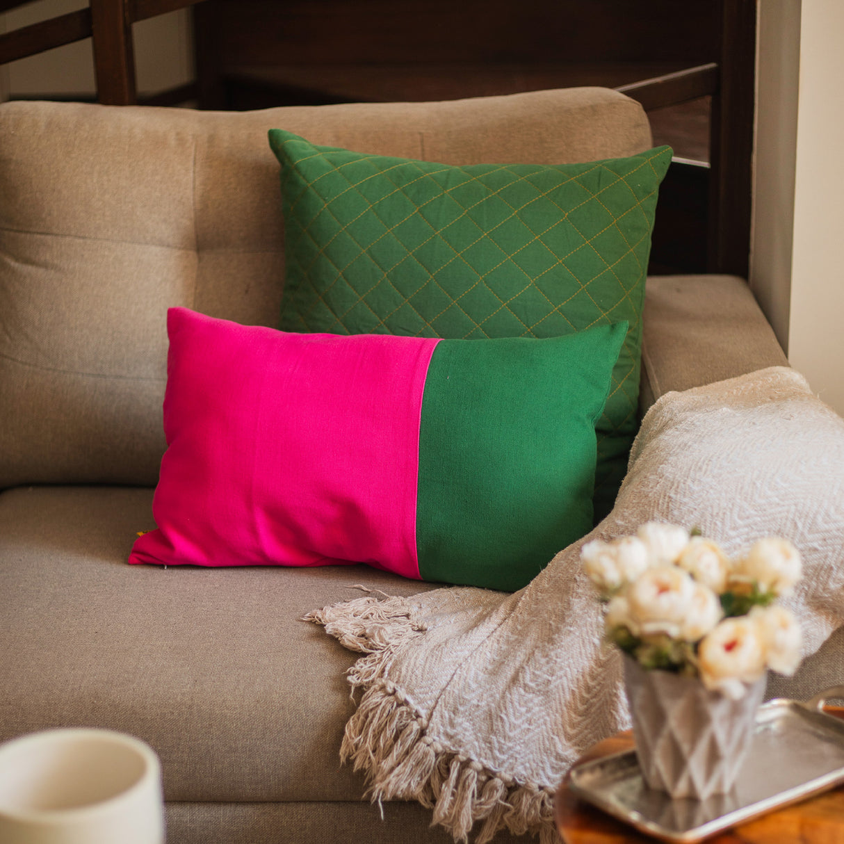 Comfortable green pink two tone lumbar cushion cover single 