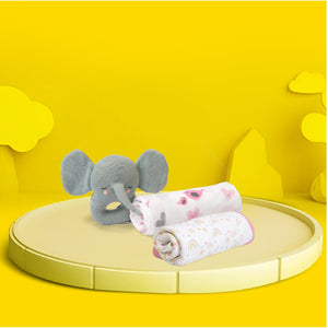New Baby Gift set - Baby Swaddle, Blanket and Rattle Gift Set