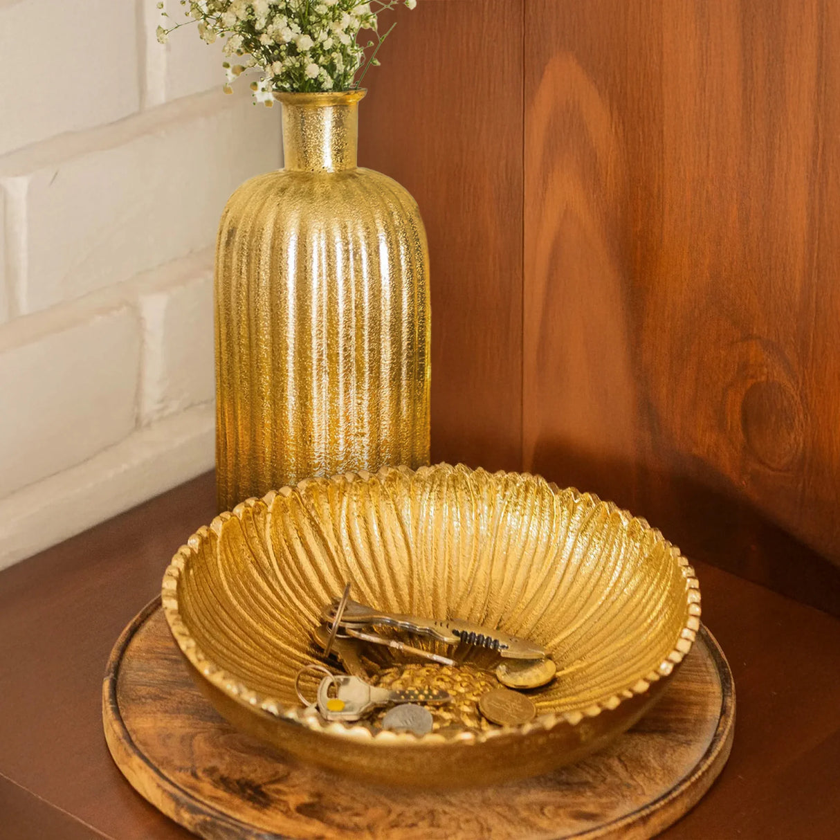 Classic Golden Decor Set | Glass Vase with Metal Bowl