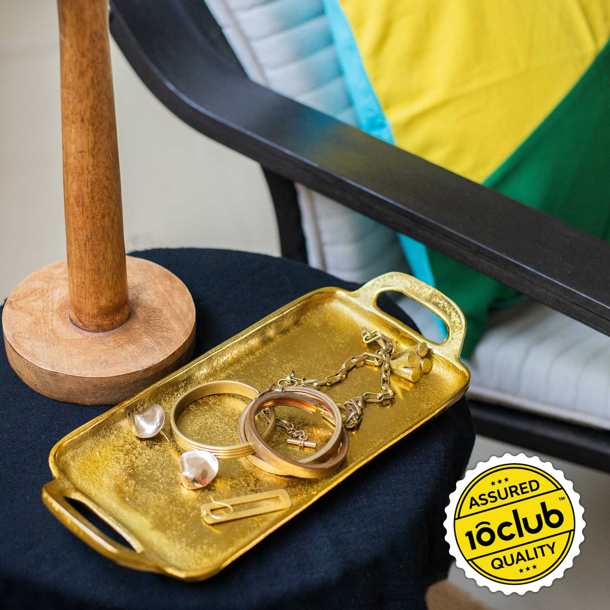 Gold tray with handles for jewellery and storage