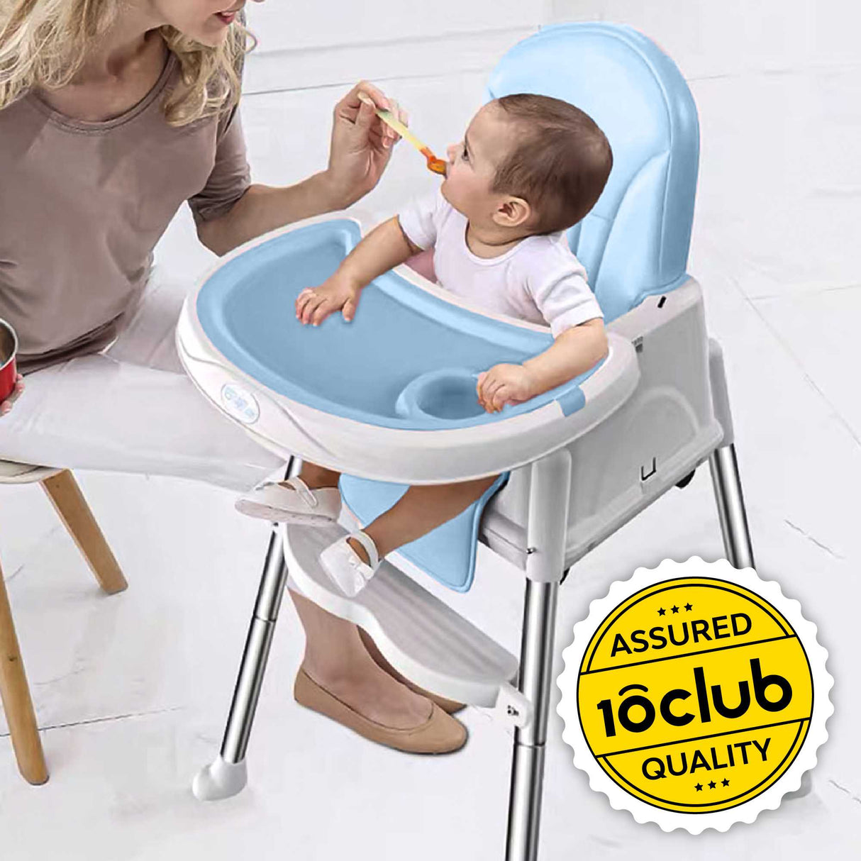 Blue baby high chair for feeding