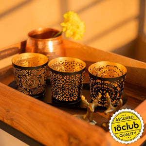 Jaali votive candle holder with tray in gold 