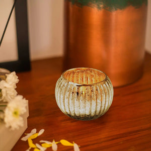 Fluted Glass Tealight Holder With Metallic Finish