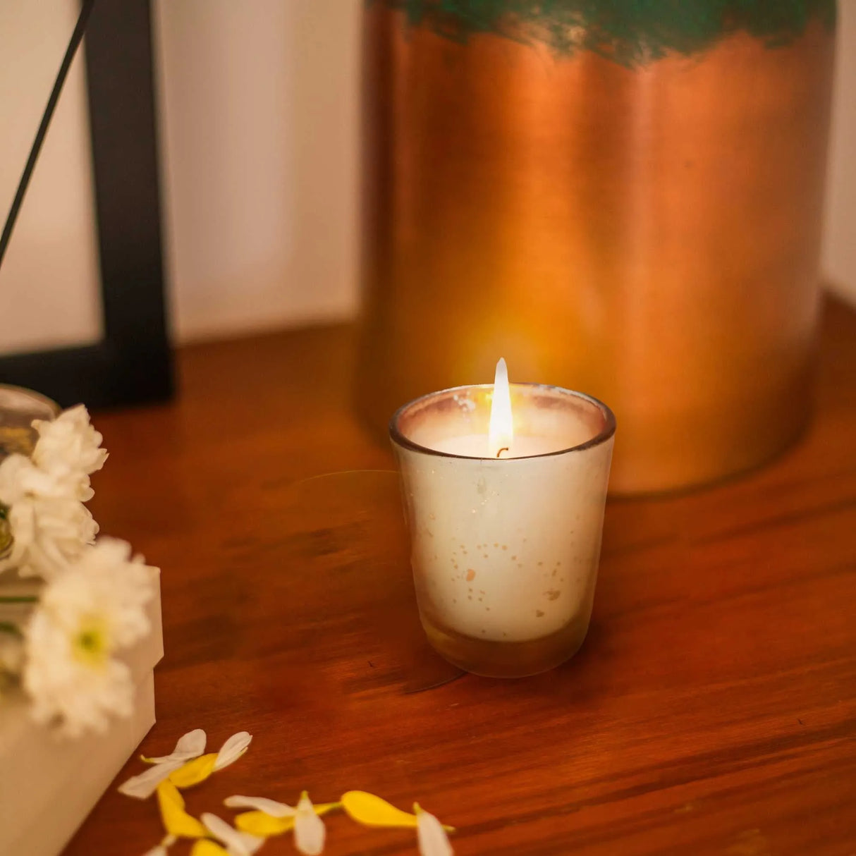 Gold Glass Votive Candles with Scented Soy Wax - Mogra, Sandalwood, Rose