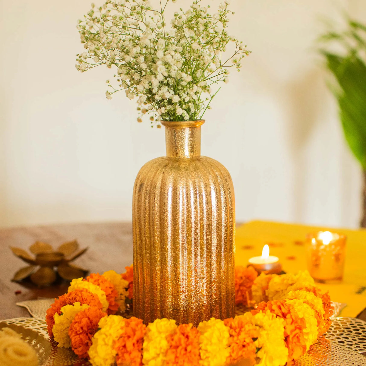 Golden Metal Tray with Glass Vase