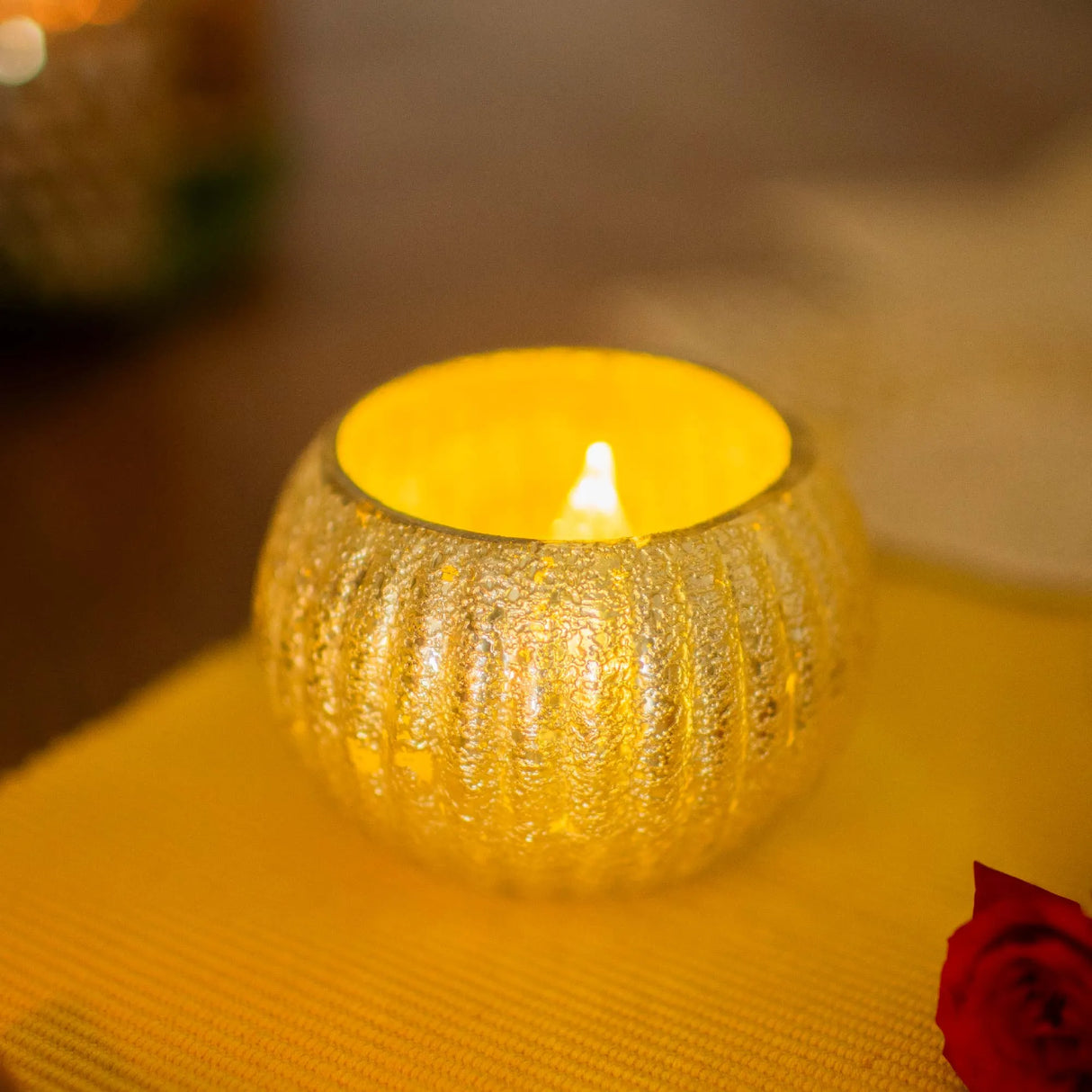 Fluted Glass Tealight Holder With Metallic Finish