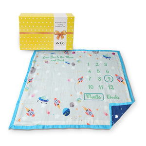 Blue Reversible Milestone Baby Blanket Gift Box